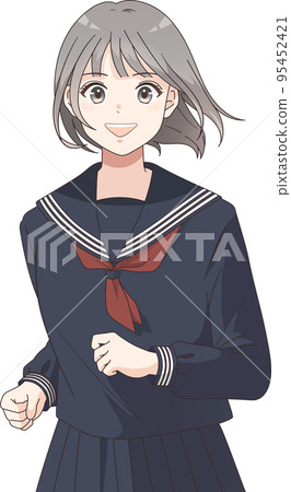 一個穿著水手服的短髮女學生笑著奔跑的上身插圖 95452421