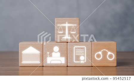 Wooden cube block with law icon on vr screen, copy space, terrorism, crime, judgment, verdict, justice and law concept. 95452517