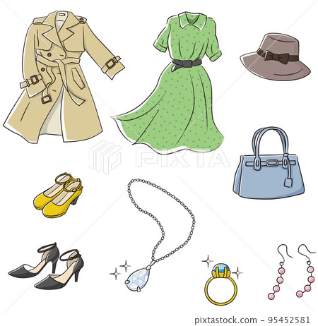 Simple illustrations of women's clothing and belongings Simple illustrations of women's clothing and belongings 95452581