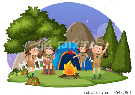 Children camping out forest scene 95452961