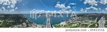 Istanbul Bosphorus Bridge and City Skyline in Background with Turkish Flag at Beautiful Sunset, Aerial slide orbiting and tracking shot Istanbul Bosphorus Bridge and City Skyline in Background with Turkish Flag at Beautiful Sunset, Aerial slide orbiting and tracking shot 95453558