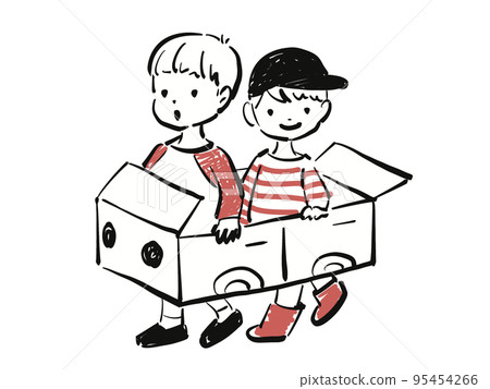 Two children happily running in a cardboard car Two children happily running in a cardboard car 95454266