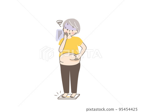 Vector illustration of a fat senior woman who is shocked on a weight scale Vector illustration of a fat senior woman who is shocked on a weight scale 95454425
