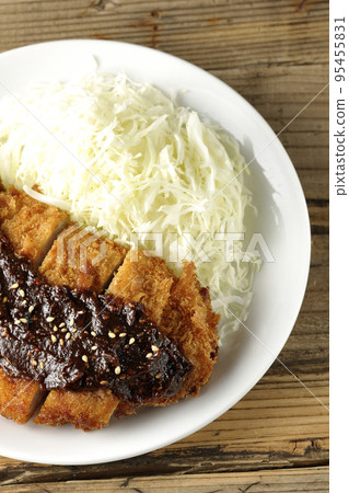 Bird's-eye view of pork cutlet with shredded cabbage and miso-based sauce 95455831