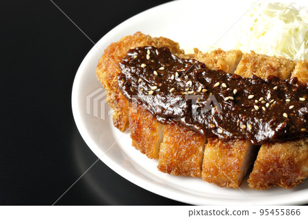 Pork cutlet and shredded cabbage with miso-based sauce photographed against a black background Pork cutlet and shredded cabbage with miso-based sauce photographed against a black background 95455866