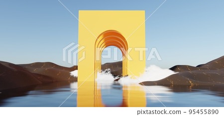 Abstract Dune cliff sand with metallic Arches and clean blue sky. Surreal minimal Desert natural landscape background. Scene of Desert with glossy metallic arches geometric design. 3D Render. Abstract Dune cliff sand with metallic Arches and clean blue sky. Surreal minimal Desert natural landscape background. Scene of Desert with glossy metallic arches geometric design. 3D Render. 95455890