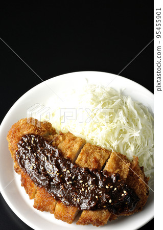 Overhead shot of shredded pork cutlet and cabbage with miso-based sauce on a black background Overhead shot of shredded pork cutlet and cabbage with miso-based sauce on a black background 95455901