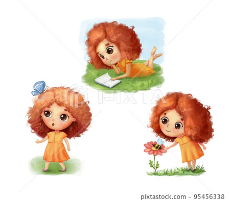 Cute girl in park. Kid read book, look at bee and butterfly. Summer mood. Funny cartoon hand drawn illustration Cute girl in park. Kid read book, look at bee and butterfly. Summer mood. Funny cartoon hand drawn illustration 95456338
