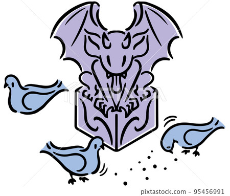 石像鬼和鴿子。等軸測圖。 95456991