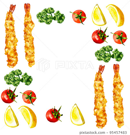 Hand drawn watercolor fried shrimp and garnish illustration square frame Hand drawn watercolor fried shrimp and garnish illustration square frame 95457483