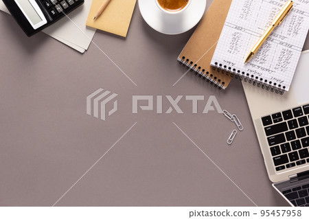 Business accounting workplace and stationary supplies at table. Financial budget or saving concept 95457958