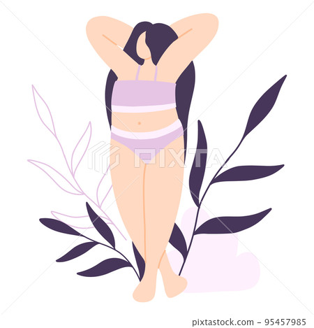 Woman body positive. Poster with girl and leaves. Vector illustration. Flat style. Woman body positive. Poster with girl and leaves. Vector illustration. Flat style. 95457985