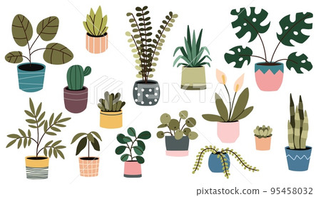 Potted plant. Houseplants in flower pot. Vector bundle of trendy plants Potted plant. Houseplants in flower pot. Vector bundle of trendy plants 95458032