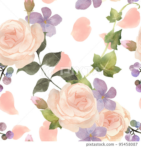 水彩粉紅玫瑰和紫羅蘭無縫圖案 水彩粉紅玫瑰和紫羅蘭無縫圖案 95458087