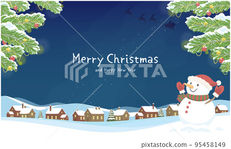 Christmas background illustration Snowman and winter city landscape Merry Christmas Christmas background illustration Snowman and winter city landscape Merry Christmas 95458149