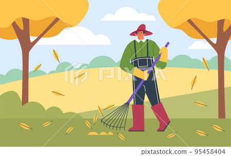 Smiling man in gloves and boots removes fallen leaves scene flat style Smiling man in gloves and boots removes fallen leaves scene flat style 95458404