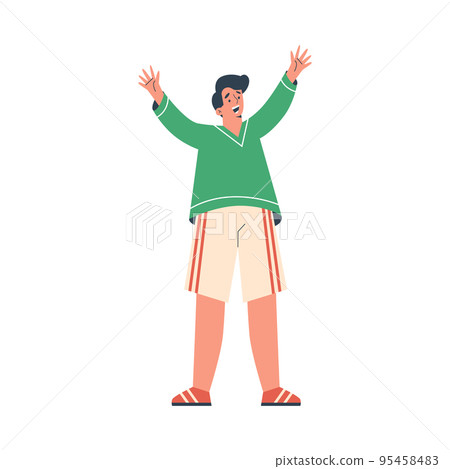 Happy young boy hands up flat style, vector illustration Happy young boy hands up flat style, vector illustration 95458483