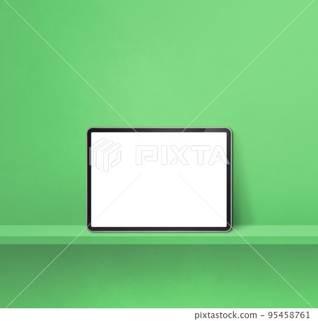 Digital tablet pc on green wall shelf. Square background banner Digital tablet pc on green wall shelf. Square background banner 95458761