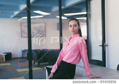 Portrait of young smiling business woman in creative open space coworking startup office. Successful businesswoman standing in office with copyspace. Coworkers working in background. Portrait of young smiling business woman in creative open space coworking startup office. Successful businesswoman standing in office with copyspace. Coworkers working in background. 95458956