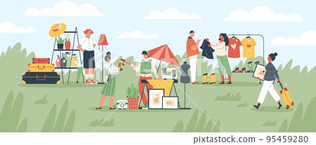 Flea market used goods background with people flat vector illustration. 95459280