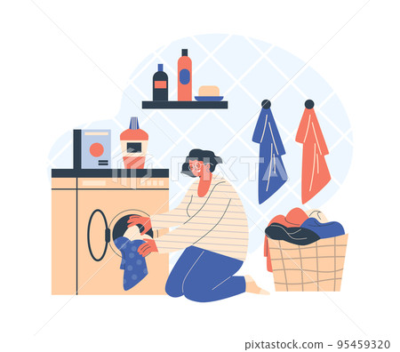 Woman doing laundry at home, flat vector illustration isolated on white background. Woman doing laundry at home, flat vector illustration isolated on white background. 95459320