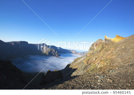 Mt. Baekdu, a famous mountain in Korea seen from China, and the mist of Cheonji 95460145