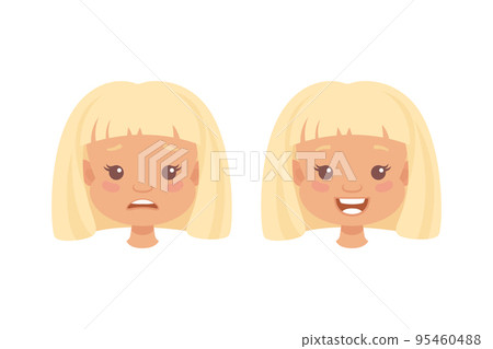 Little Blond Girl Character Face Feeling Different Emotion Vector Set 95460488