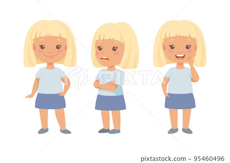 Little Blond Girl with Short Hair Having Different Face Emotion and Gesture Vector Set 95460496