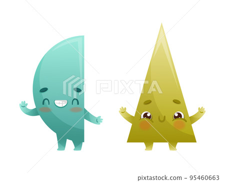 Funny Semicircle and Triangle as Geometric Shape Character Waving Hand and Happy Smiling Vector Set 95460663