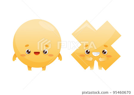 Funny Circle and Cross as Geometric Shape Character with Happy Smiling Face Expression Vector Set 95460670