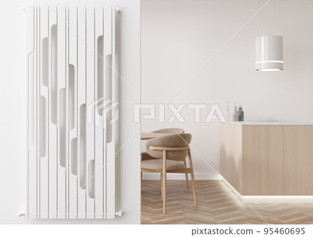 White heating radiator on white wall in modern room. Home interior. Beautiful design radiator. Central heating system. Heating is getting more expensive. Energy crisis. 3D rendering. White heating radiator on white wall in modern room. Home interior. Beautiful design radiator. Central heating system. Heating is getting more expensive. Energy crisis. 3D rendering. 95460695
