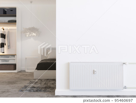 White heating radiator on white wall in modern room. Home interior. Central heating system. Heating is getting more expensive. Energy crisis. 3D rendering. 95460697
