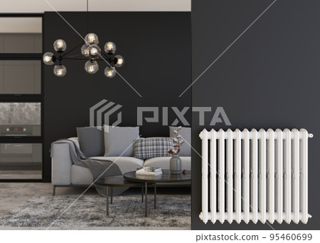 White heating radiator on black wall in modern room. Home interior. Central heating system. Heating is getting more expensive. Energy crisis. 3D rendering. 95460699