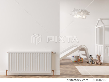White heating radiator on white wall in modern room. Home interior. Central heating system. Heating is getting more expensive. Energy crisis. 3D rendering. 95460702