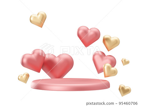 Pink podium with golden and pink hearts flying in the air, isolated on white background. Valentine's Day, Wedding, Anniversary. Podium for product, cosmetic presentation. Mock up. Cut out. 3D render. 95460706