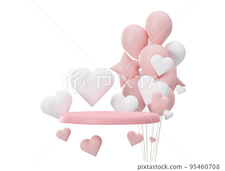 Pink podium with hearts and balloons flying in the air, isolated on white background. Valentine's Day, Wedding, Anniversary. Podium for product, cosmetic presentation. Mock up. Cut out. 3D render. 95460708