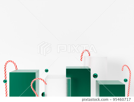 Green and transparent podiums set with Christmas decoration on white background. Xmas composition. Elegant scene for product, cosmetic presentation. Mock up. Stage for beauty products. 3D rendering. 95460717
