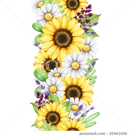 Sunflower, daisy flowers seamless border decor. Watercolor illustration. Hand drawn spring and summertime natural floral decoration. Countryside flowers seamless border Sunflower, daisy flowers seamless border decor. Watercolor illustration. Hand drawn spring and summertime natural floral decoration. Countryside flowers seamless border 95461099