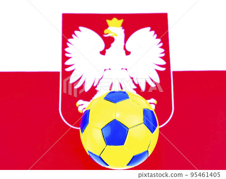 Soccer ball on the background of the flag of Poland. Soccer ball on the background of the flag of Poland. 95461405