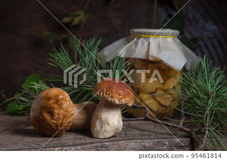 Two porcini mushrooms commonly known as Boletus Edulis and glass jar with canned mushrooms on vintage wooden background.. Two porcini mushrooms commonly known as Boletus Edulis and glass jar with canned mushrooms on vintage wooden background.. 95461814