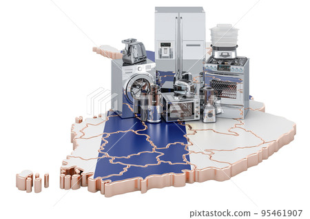 Kitchen and household appliance on the map of Finland. Production, shopping and delivery concept. 3D rendering 95461907