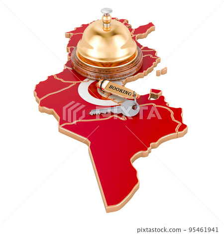 Tunisia booking concept. Tunisian flag with hotel key and reception bell, 3D rendering Tunisia booking concept. Tunisian flag with hotel key and reception bell, 3D rendering 95461941