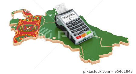 Turkmen map with POS terminal. Cashless payments in Turkmenistan concept. 3D rendering Turkmen map with POS terminal. Cashless payments in Turkmenistan concept. 3D rendering 95461942