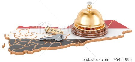 Yemen booking concept. Yemeni flag with hotel key and reception bell, 3D rendering 95461996