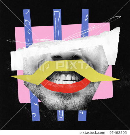 Contemporary art collage. Creative bright design. Male face part, mouth expressing smile and pleasure Contemporary art collage. Creative bright design. Male face part, mouth expressing smile and pleasure 95462203