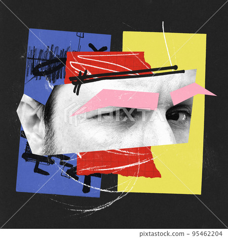 Contemporary art collage. Creative bright design. Male face part, eyes expressing suspicious. Attentive look. Contemporary art collage. Creative bright design. Male face part, eyes expressing suspicious. Attentive look. 95462204