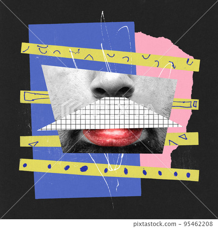 Contemporary art collage. Creative bright design. Male face part with mosaic elements. Funny emotions 95462208
