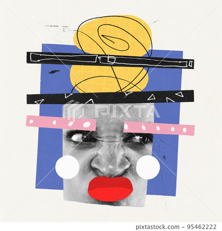 Contemporary art collage. Creative bright design. Young woman with funny querulous, unpleasant face. Drawn elements 95462222