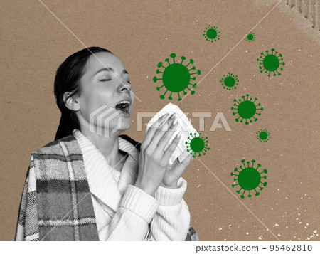 Conceptual art collage about ill person with symptoms of virus flu, headache, monkeypox. Concept of health, care, sickness, allergy, pain, protection, pandemic Conceptual art collage about ill person with symptoms of virus flu, headache, monkeypox. Concept of health, care, sickness, allergy, pain, protection, pandemic 95462810