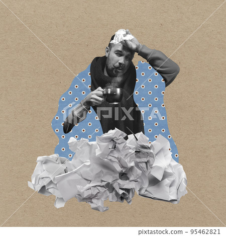 Fashion contemporary art collage or design in magazine style about ill person with symptoms of virus flu, headache, monkeypox. Concept of health, care, sickness, allergy, pain, protection, pandemic Fashion contemporary art collage or design in magazine style about ill person with symptoms of virus flu, headache, monkeypox. Concept of health, care, sickness, allergy, pain, protection, pandemic 95462821